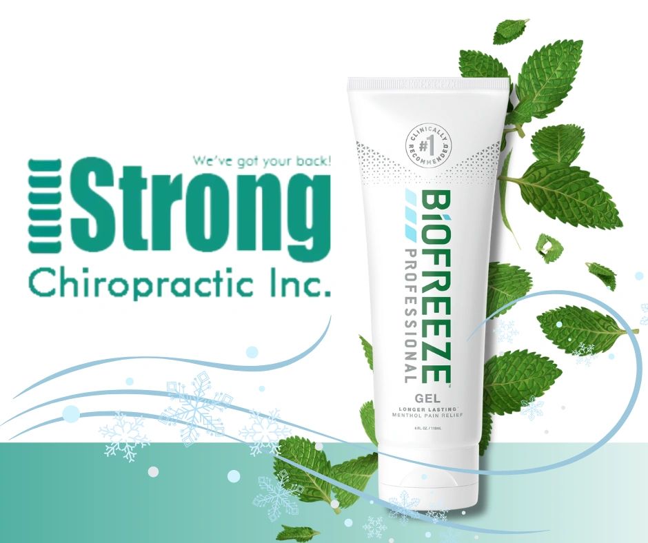A tube of Biofreeze with menthol and a cool breeze , Strong Chiropractic Logo