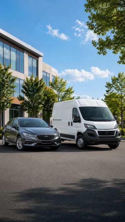 Personal car and commercial cargo van parked outside a modern office building
