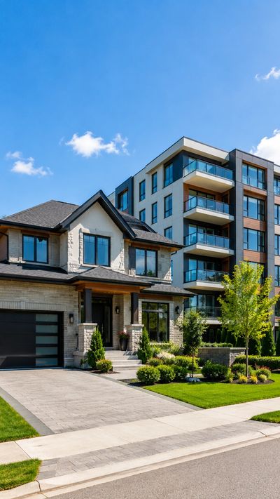 Single-family home and modern condominium building representing home and condo insurance