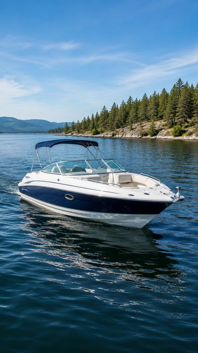 White boat cruising on calm water near a forested shoreline under a clear blue sky