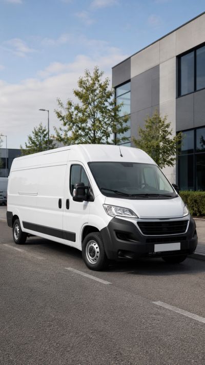 White commercial cargo van parked outside a modern business building