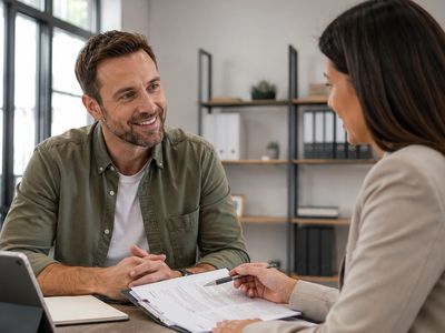 Insurance agent reviewing general liability coverage documents with a business owner