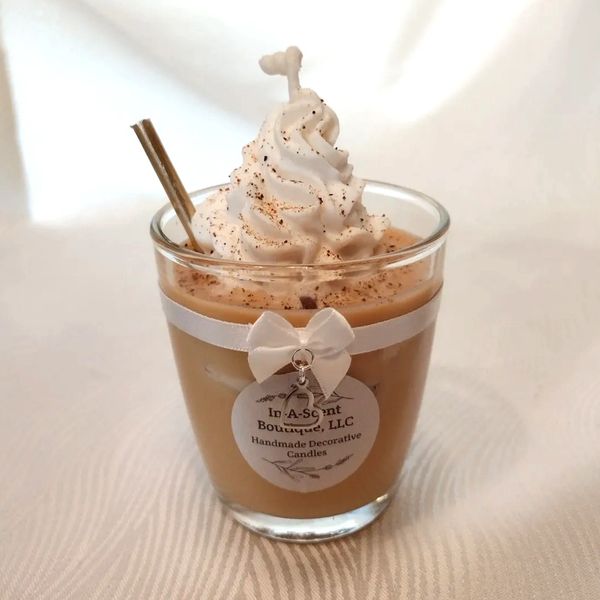 Small iced vanilla latte candle with whipped cream, straw, white bow, and heart shaped charm