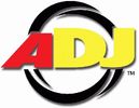 Logo with red ADJ letters and black swirl.