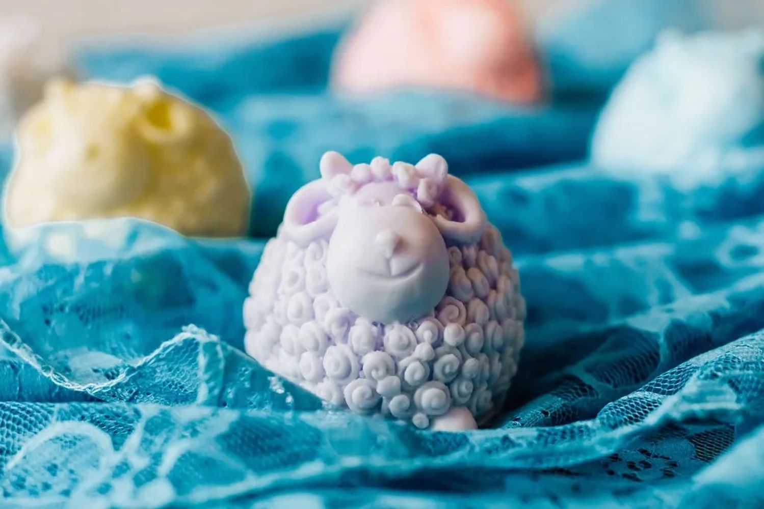 Our adorable sheep-shaped soaps in pastel colors for spring and Easter.
