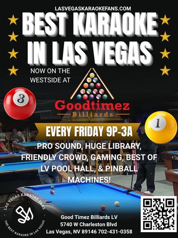 Event poster for Las Vegas Karaoke Fans at Goodtimez Billiards every Friday from 9pm-3am
