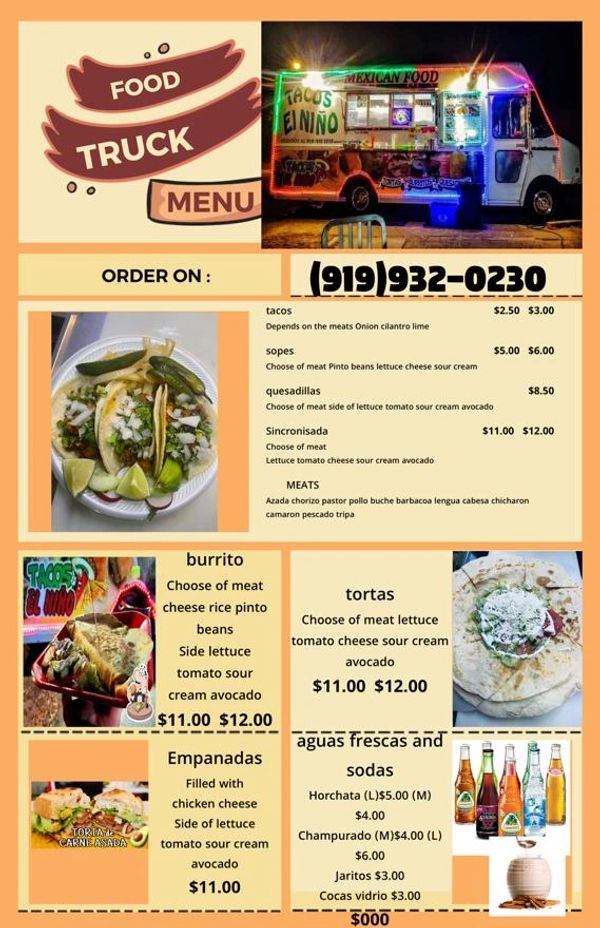 Mexican food truck menu featuring tacos, burritos, tortas, quesadillas, empanadas, and drinks with prices.
