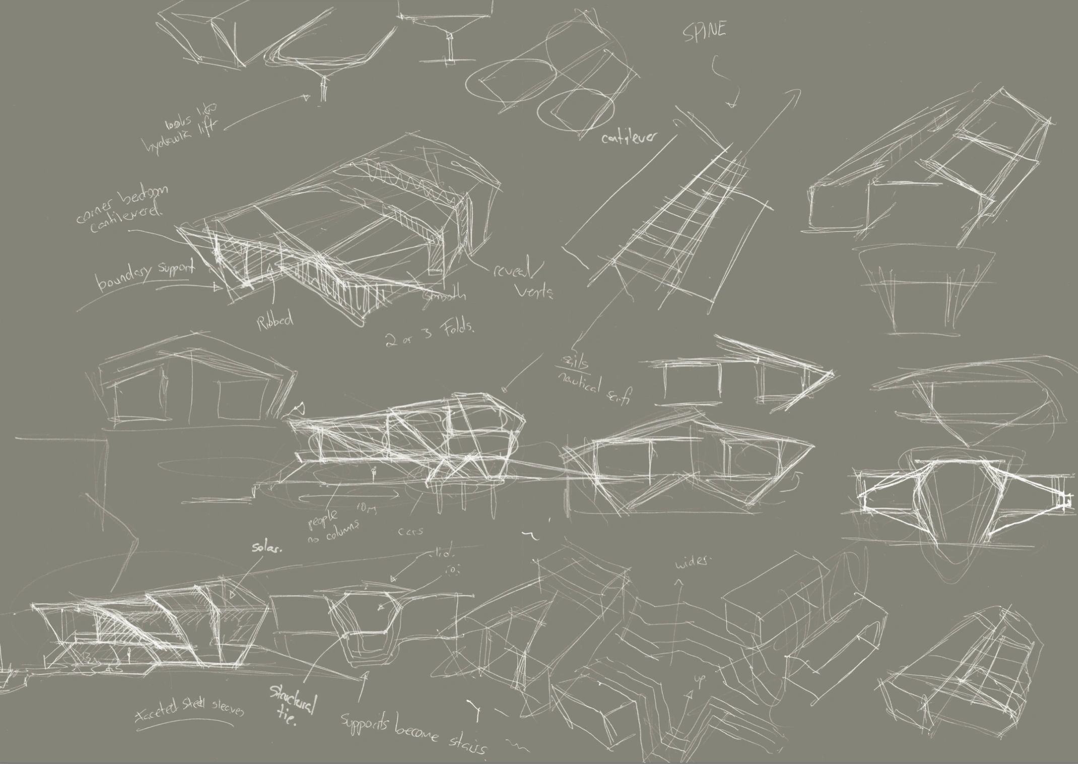Architectural sketches of cantilevered structures.