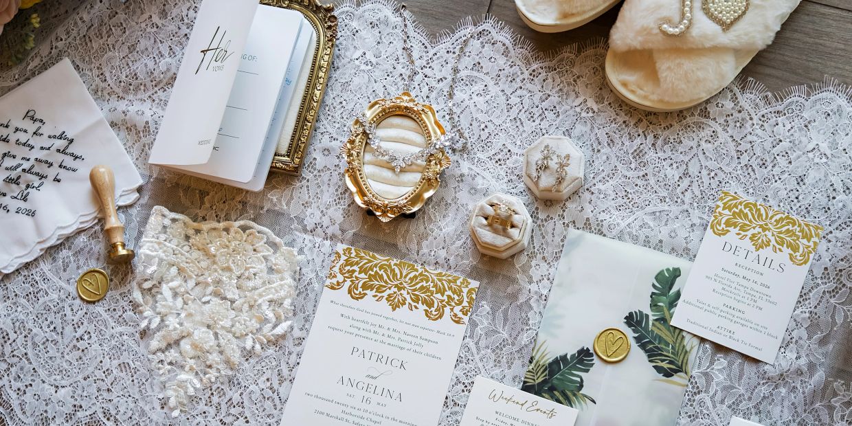 Elegant wedding invitation set with gold accents on lace fabric.