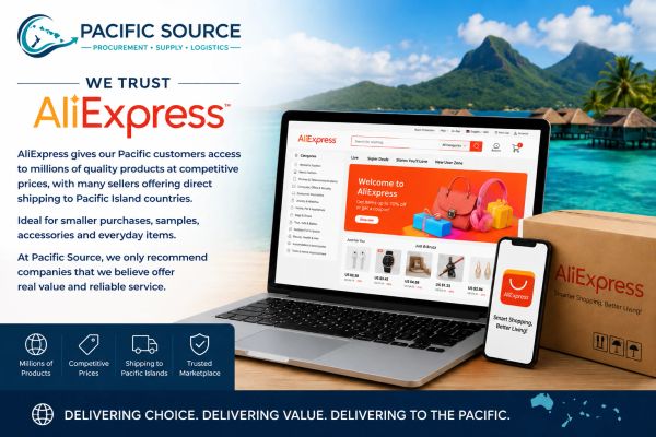 Advertisement showcasing trust in AliExpress for Pacific Island shipping.