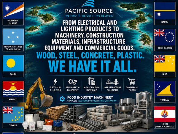Pacific Source advertisement showing products and procurement services for construction, electrical, infrastructure and commercial supply throughout the Pacific Islands.