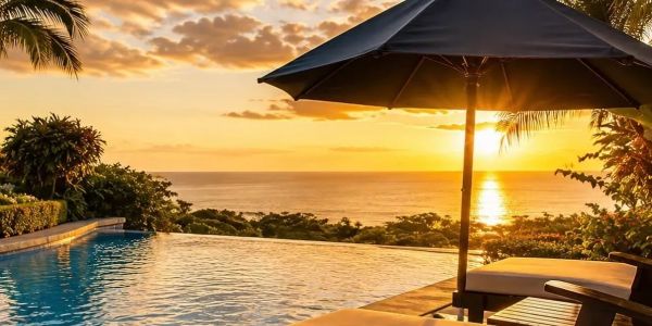 Infinity pool overlooking ocean at sunset.