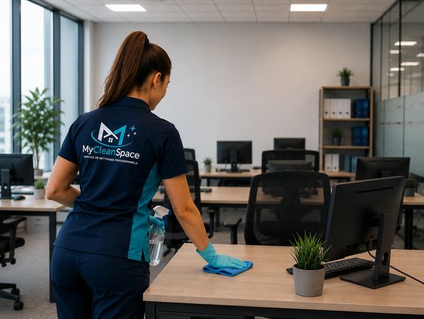 Femme nettoyant un bureau moderne.