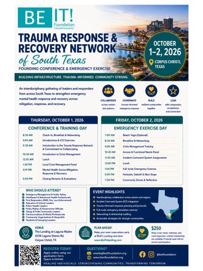 Flyer for South Texas Trauma Response &amp; Recovery Network conference and exercise in Corpus Christi, October 1-2, 2026.
