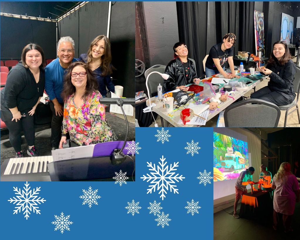 Collage of people enjoying creative activities and a colorful projection event.