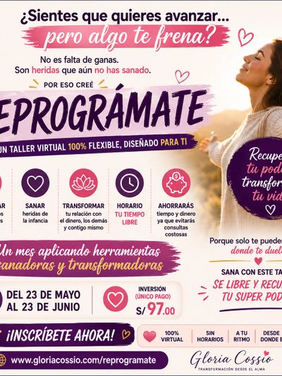 Anuncio de taller virtual para sanar heridas emocionales y transformar la vida personal.
