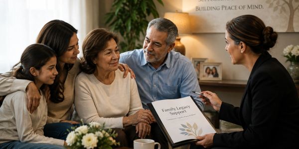 Family discussing legacy support with advisor.