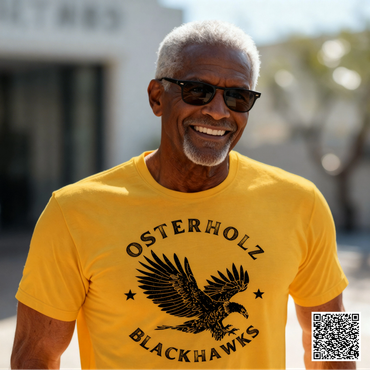 Osterholz Blackhawks Gold Tee with Black Logo.