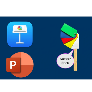 Icons of Keynote and PowerPoint with a colorful answer stick.