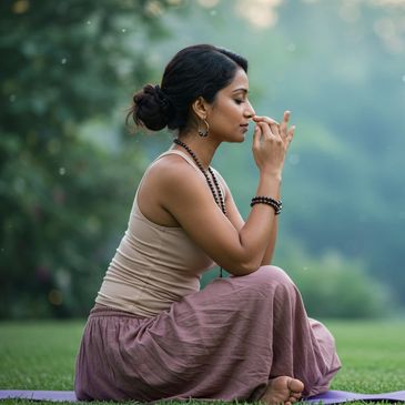 Woman meditating outdoors in a serene setting.