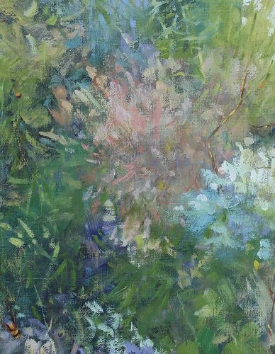 bright splash of blue and green plants with bees scattered throughout