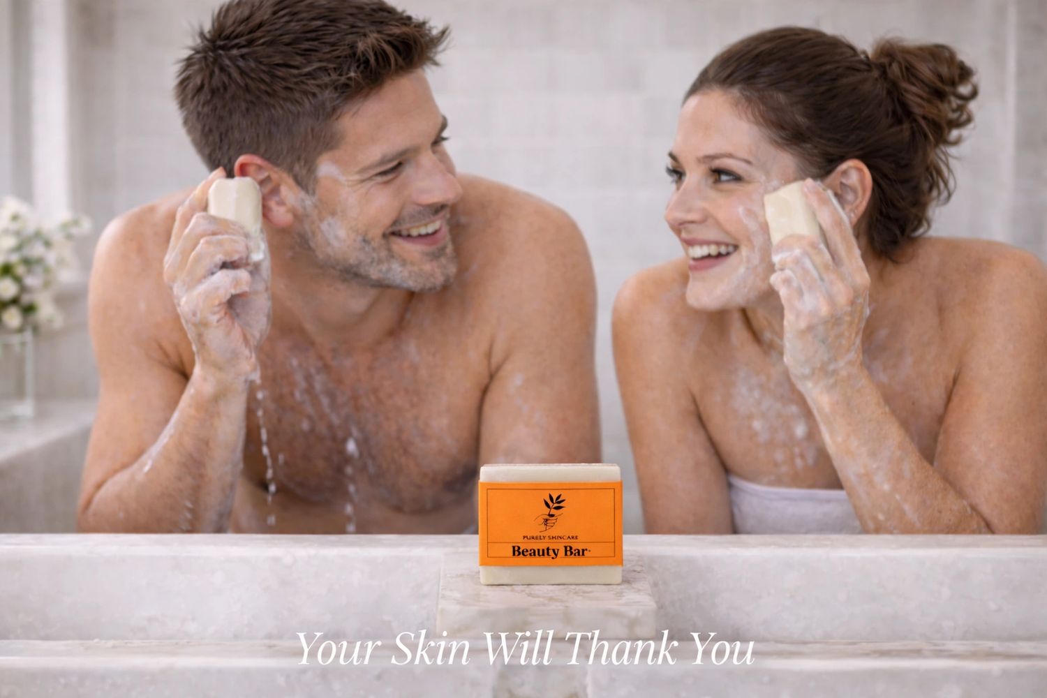 Happy couple washing faces with Purely Skincare Beauty Bar soap.