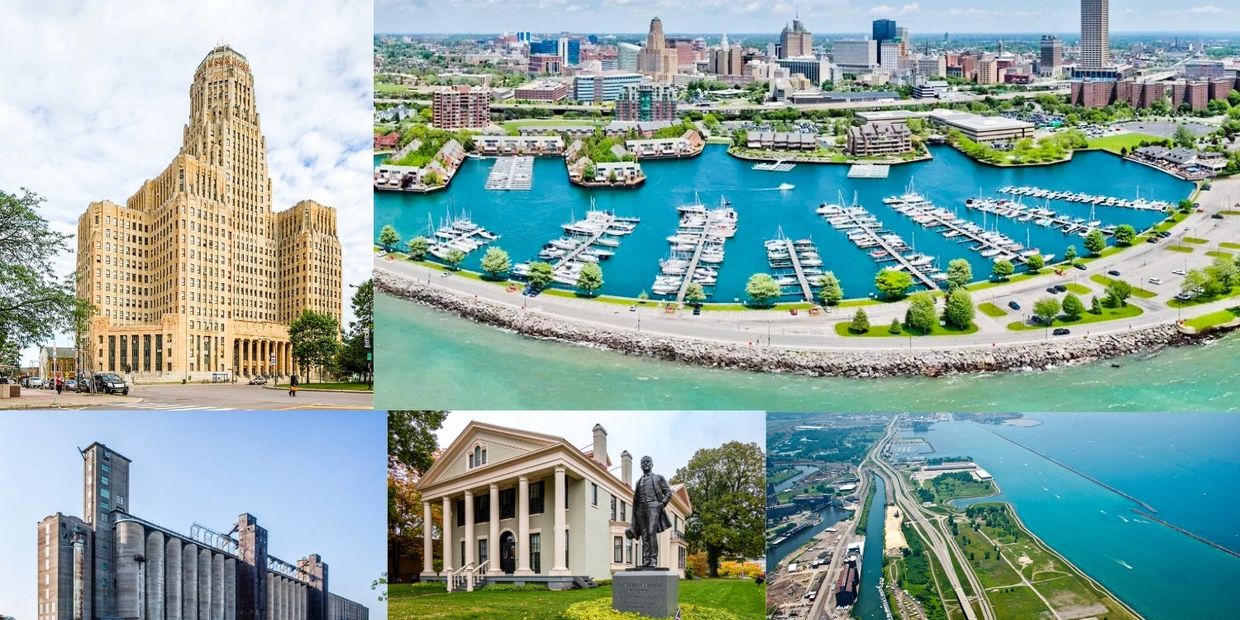 Collage of Buffalo city landmarks including waterfront, historic buildings, and industrial sites.
