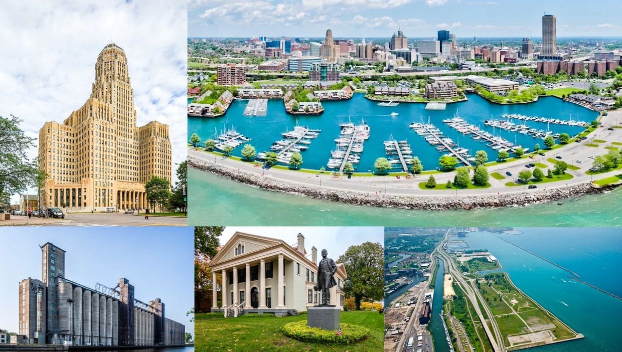 Collage of Buffalo, New York cityscape, harbor, historic building, and waterfront views.
