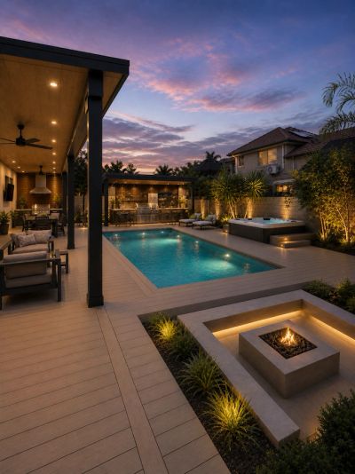 Modern backyard with pool, fire pit, and cozy seating at sunset.