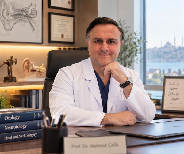 Beyaz önlük giymiş bir doktordur.