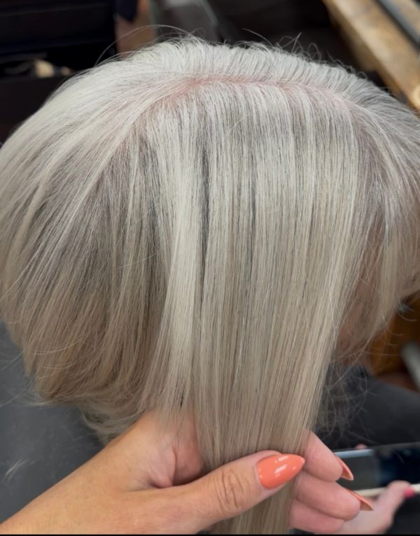 Hand holding smooth, straight silver-gray hair with a visible scalp part.