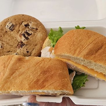 Sandwich and cookie to go.
