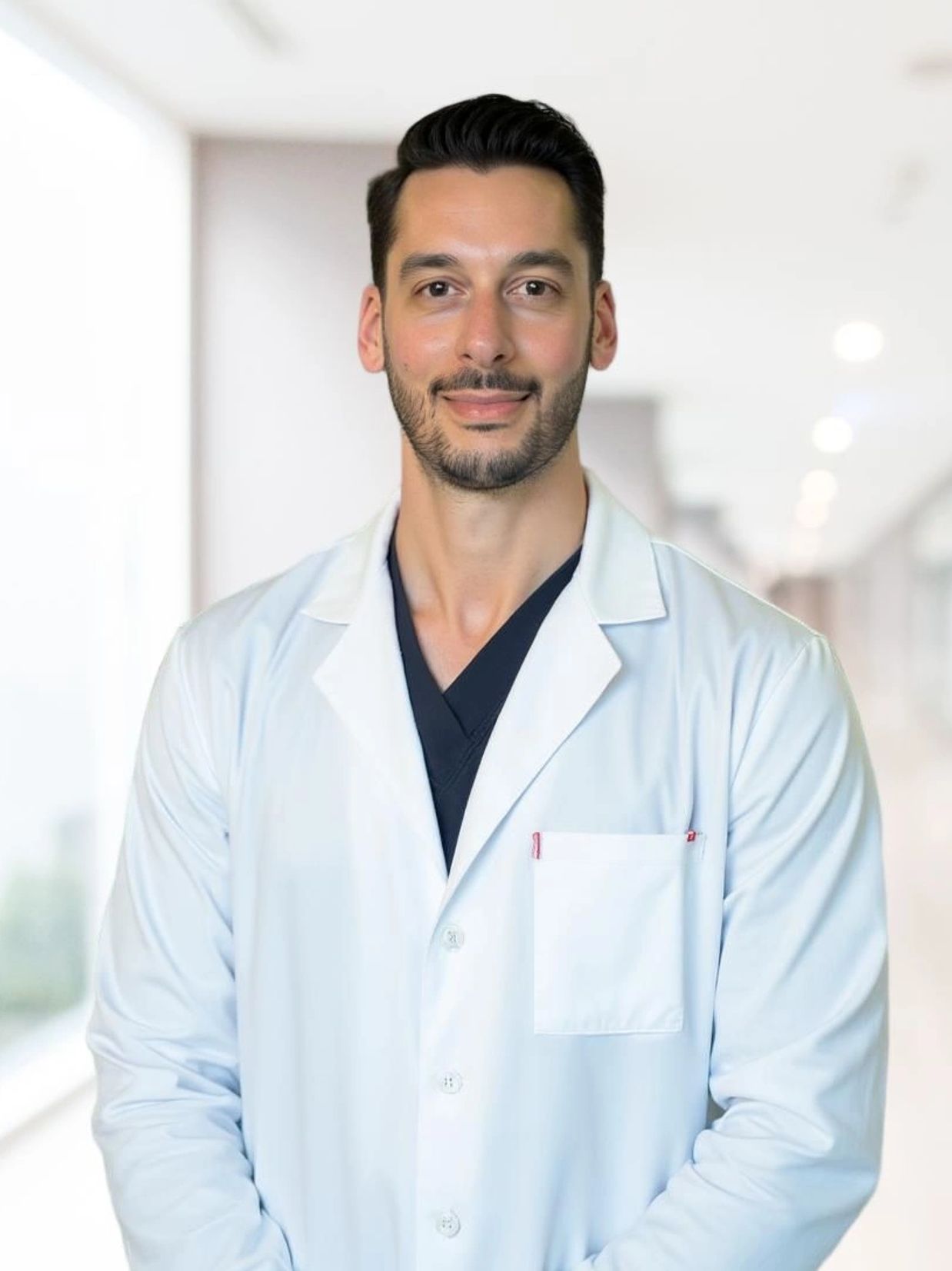 Confident male doctor in white coat.