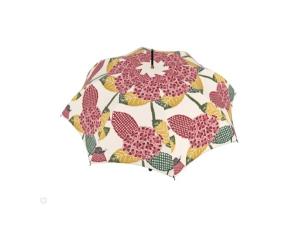 An umbrella using 'Hydrangea (multi color)' textile design by Keiko Okamoto