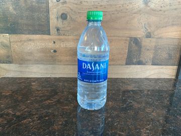 Close up view of a water bottle on the table