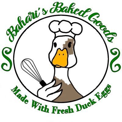 Logo of a duck chef holding a whisk, representing a baked goods brand using fresh duck eggs.