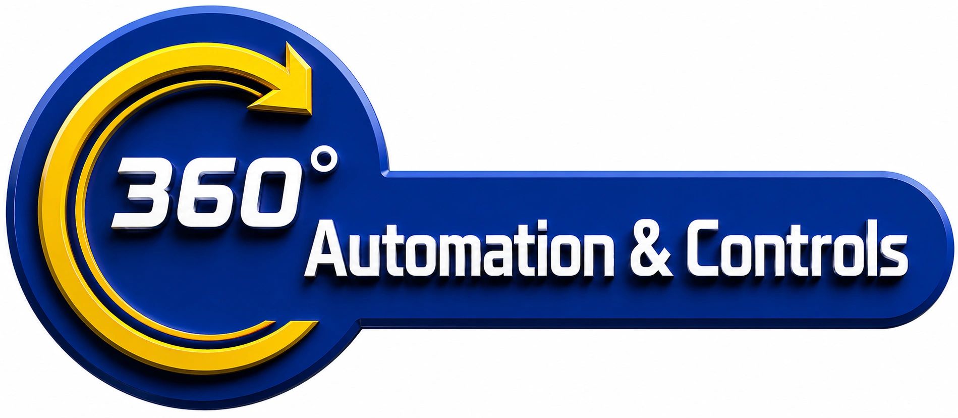 Logo of 360° Automation &amp; Controls with a yellow arrow on a blue background.