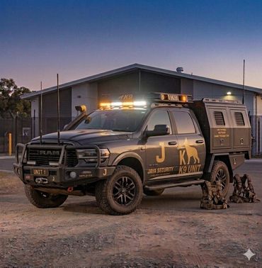 Black K9 security truck parked outside a building at dusk.