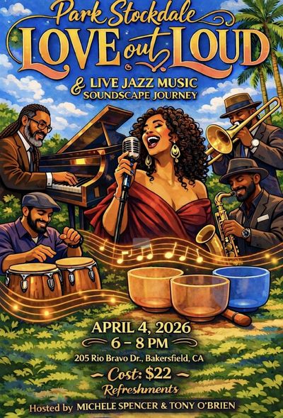 Colorful jazz event poster with musicians and singer in a vibrant outdoor setting.
