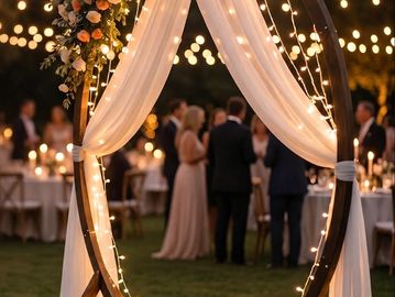 Elegant outdoor wedding arch with lights and flowers at dusk.