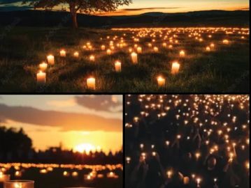 Candles glowing at sunset and night, illuminating a peaceful outdoor gathering.