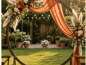 Decorated circular wedding arch with flowers and drapes in a garden.