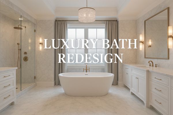 Elegant luxury bathroom with freestanding tub and marble floors.