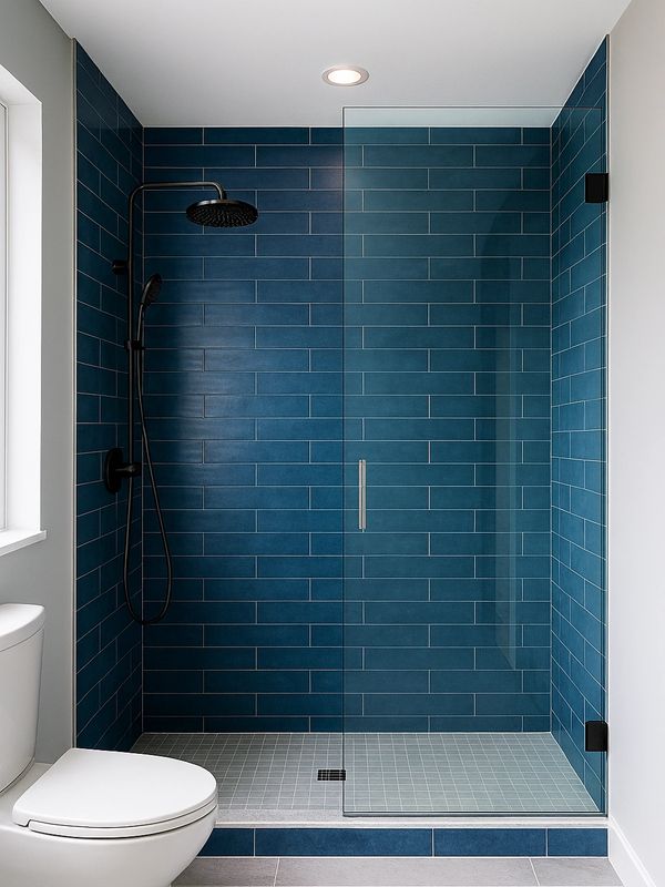 Modern bathroom with blue tiled shower and glass door.