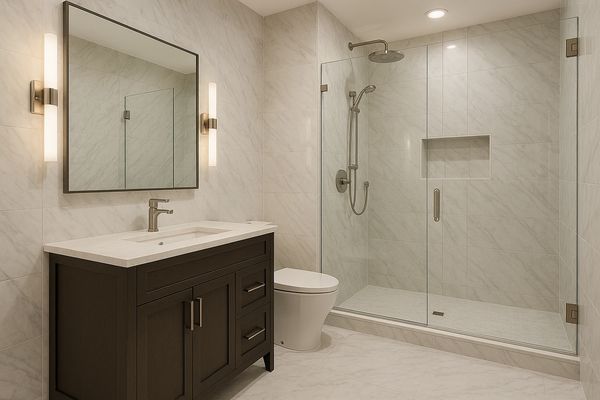 Modern bathroom with glass shower and dark wood vanity.
