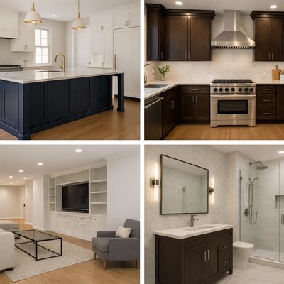 Modern home interior with kitchen, living room, and bathroom in neutral tones.