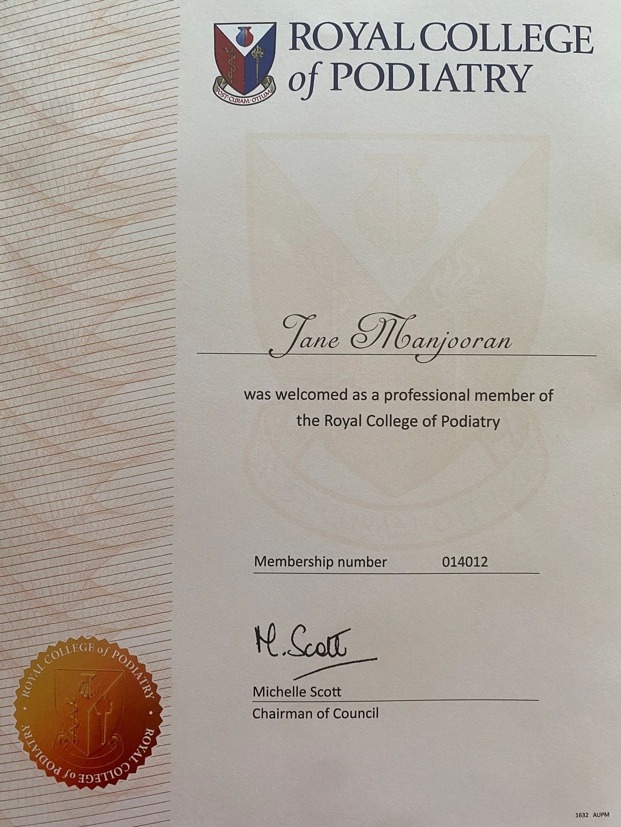 Certificate of membership Royal College of Podiatry 