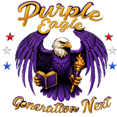 Logo of a purple eagle holding a book and torch with text 'Purple Eagle Generation Next'.