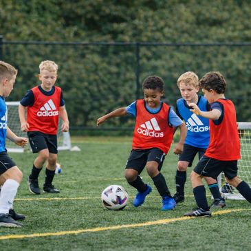 Young kids playing soccer on a field in red and blue jerseys.
