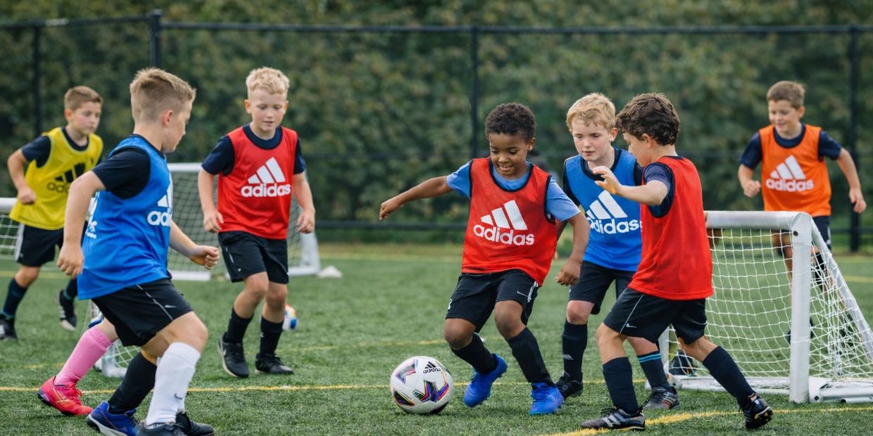 Children playing soccer on a field wearing colorful Adidas jerseys.